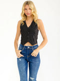 Sleeveless V-Neck Button Up Stripes Vest-Black