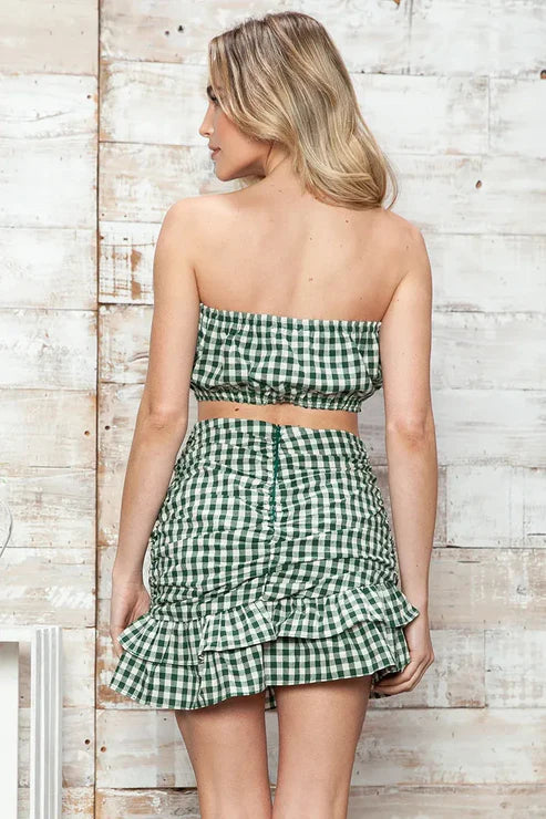 Gingham Strapless Ruched Two-Piece Crop Tube Top and Mini Skirt Set-Green