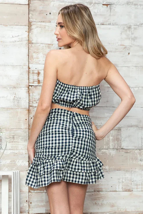 Gingham Strapless Ruched Two-Piece Crop Tube Top and Mini Skirt Set- Navy