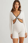 Ribbed Long Sleeve Romper-White